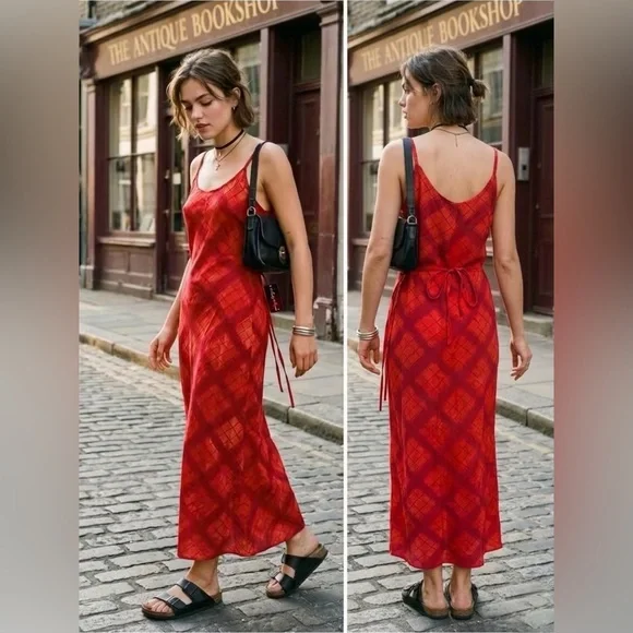VTG Matty Nique Red Tartan Plaid Maxi Slip Dress NWT 90s Y2K DeadStock XL 8/10 - Picture 2 of 16